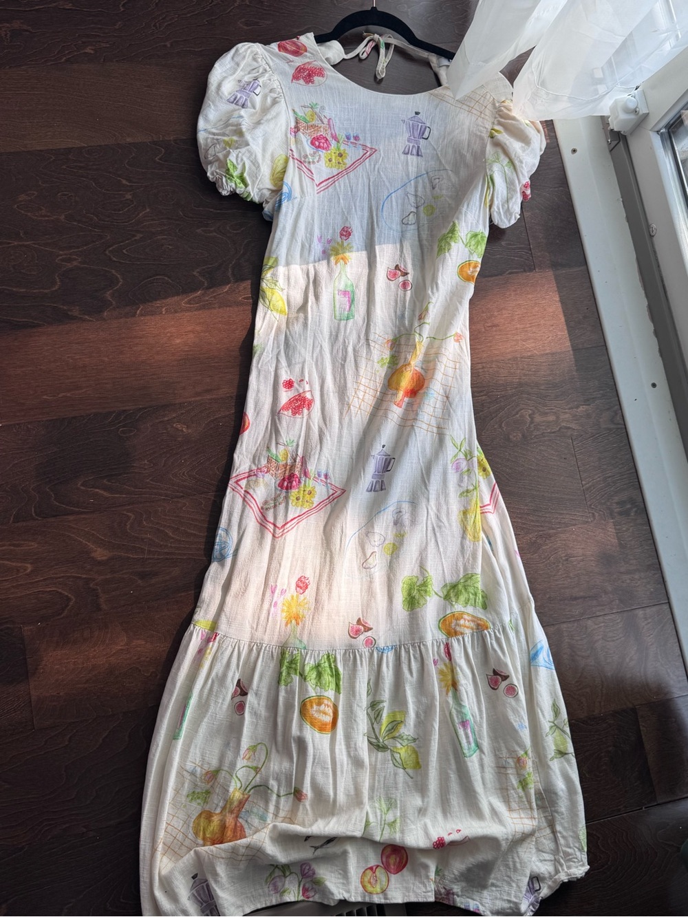 Cream Colorful Print Puff Sleeve Dress